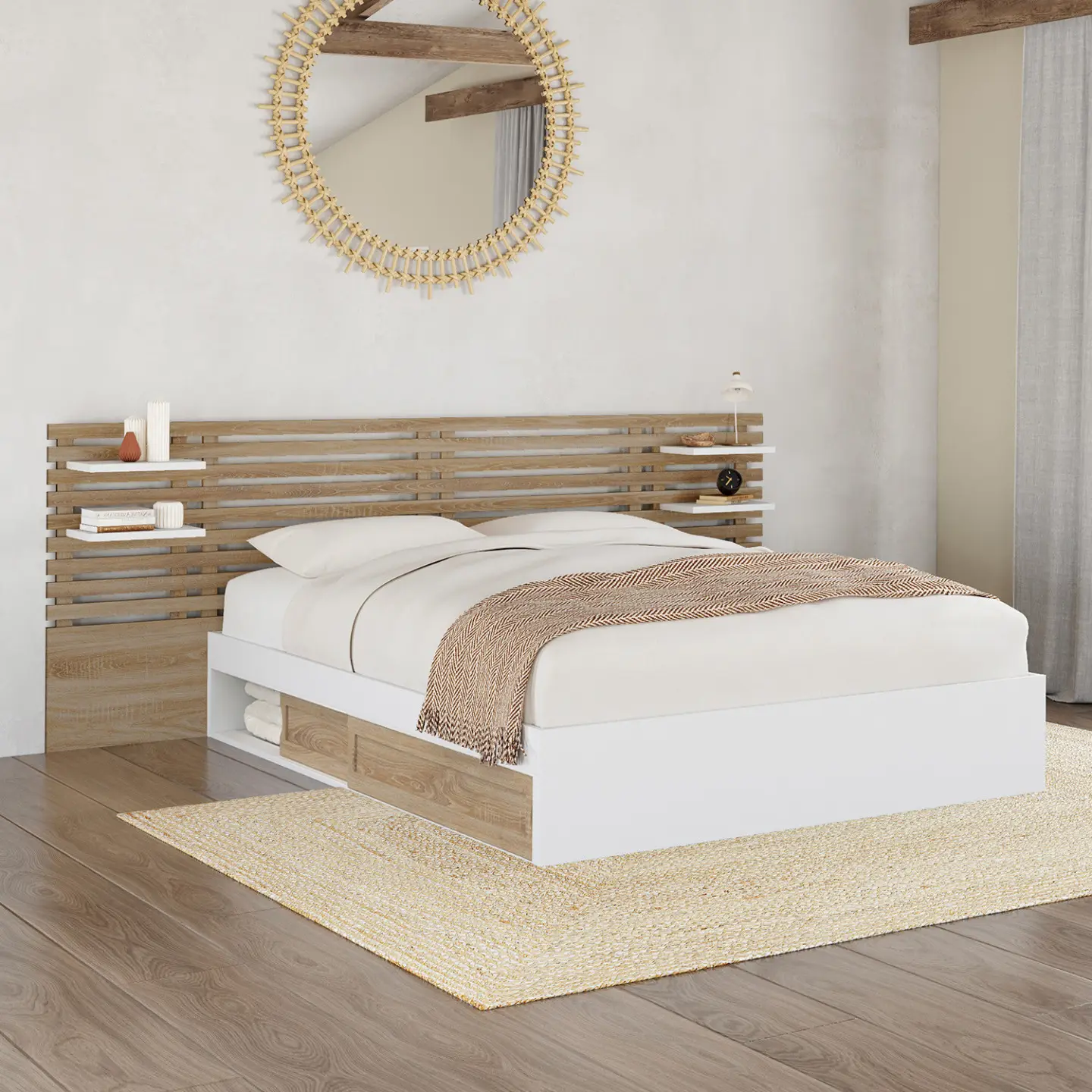 Lit double SAVANA avec tête de lit, chevets, rangements et sommier 140 x 190 cm hêtre et blanc
