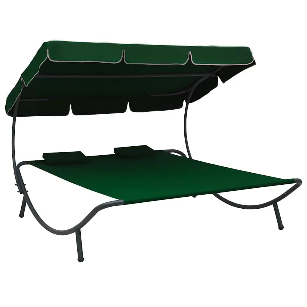 Lit de repos d’extérieur avec auvent et oreillers Vert vidaXL 313522