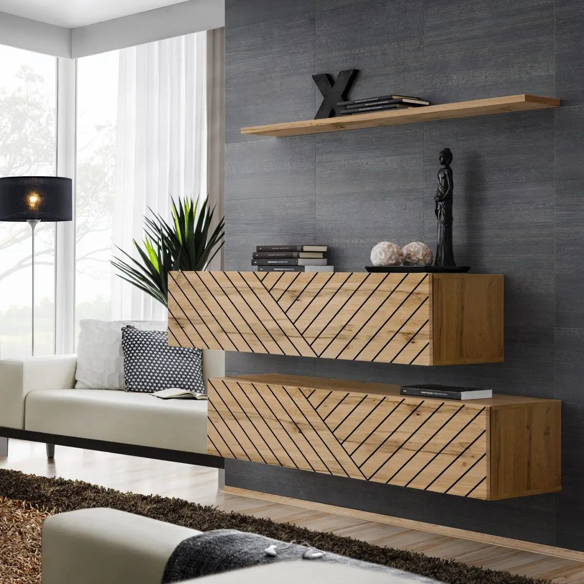 Lot de 2 Bancs Muraux & Étagère «Switch SBII» 130cm Naturel Rainuré