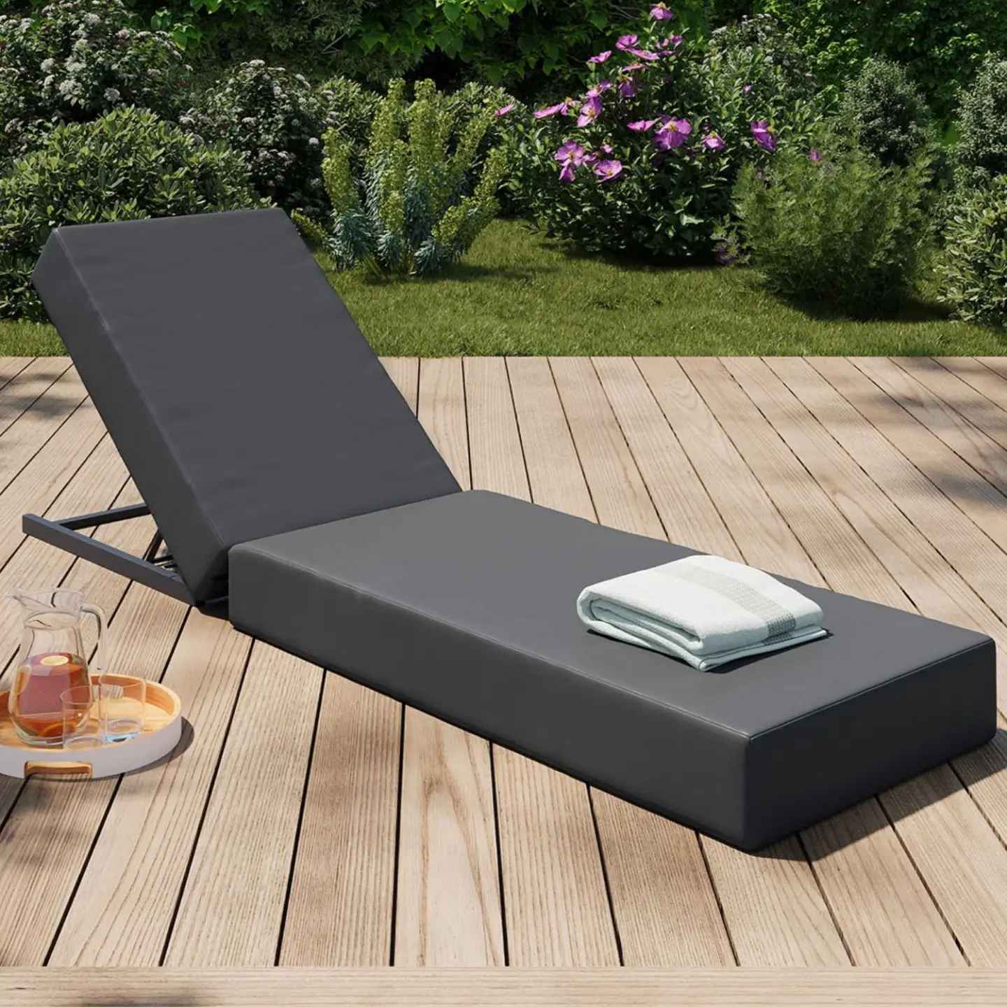 Lit de piscine, bain de soleil confort dossier métal inclinable 4 positions et matelas gris
