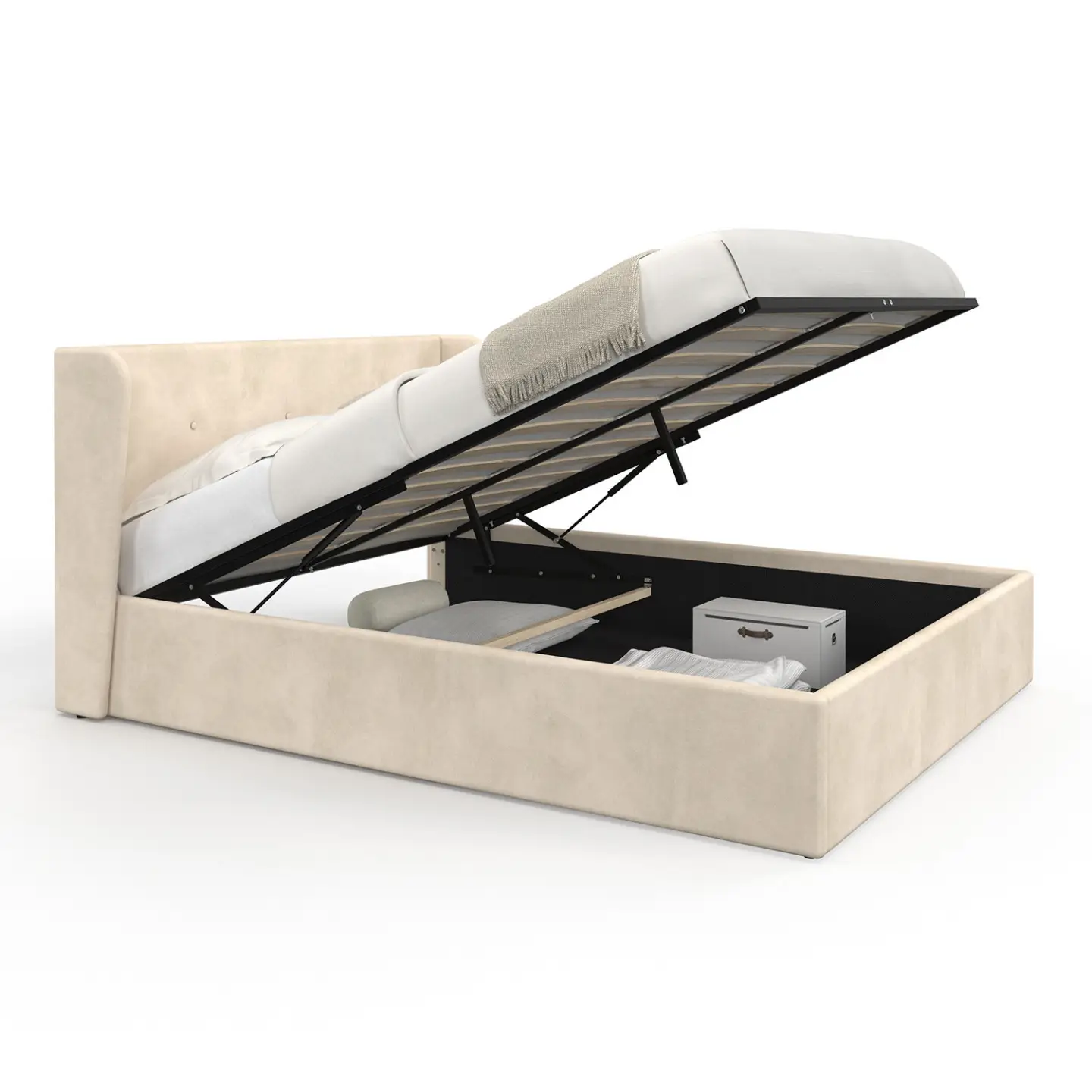 Lit coffre double OREA avec tête de lit enveloppante et sommier 140 x 190 cm velours beige