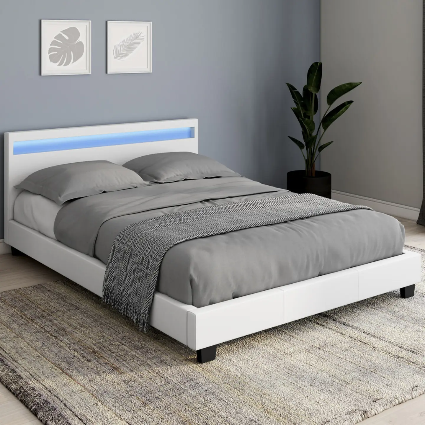 Lit double NEO avec tête de lit LED intégrées et sommier 140 x 190 cm PVC blanc