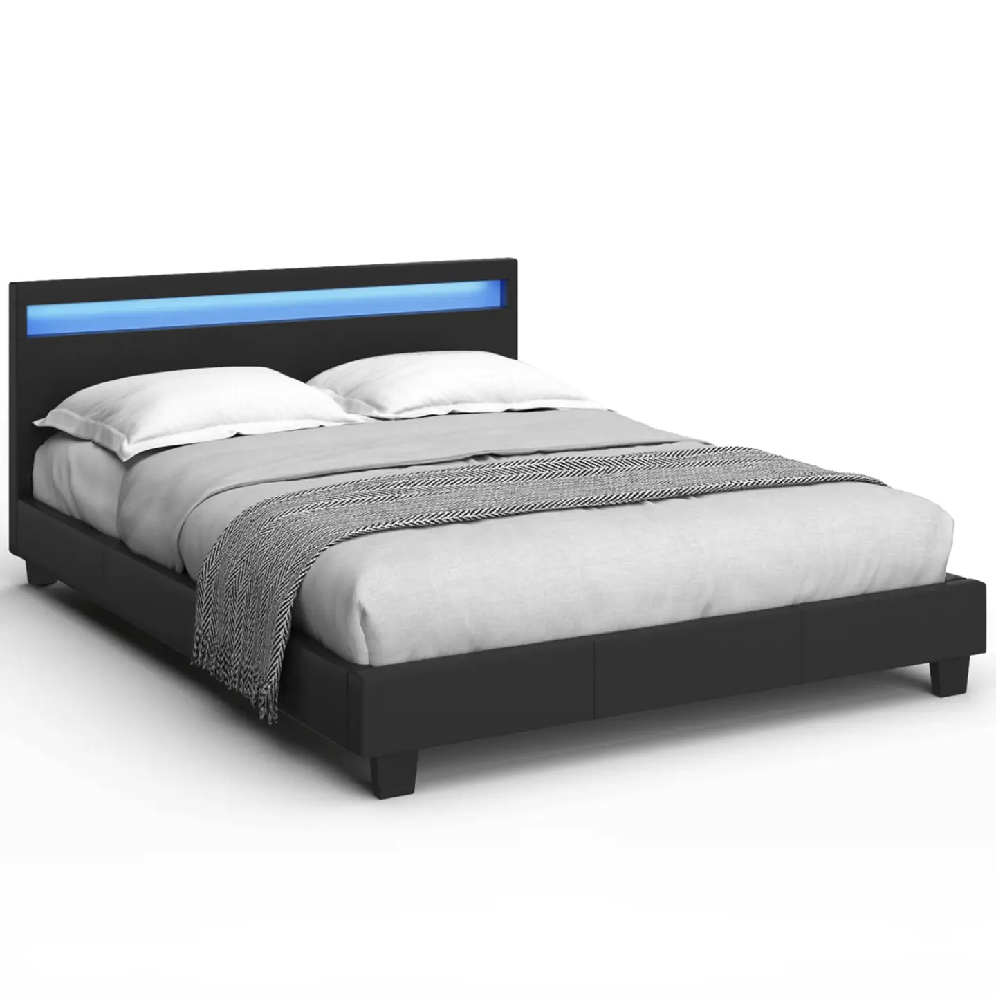 Lit double NEO avec tête de lit LED intégrées et sommier 140 x 190 cm PVC noir