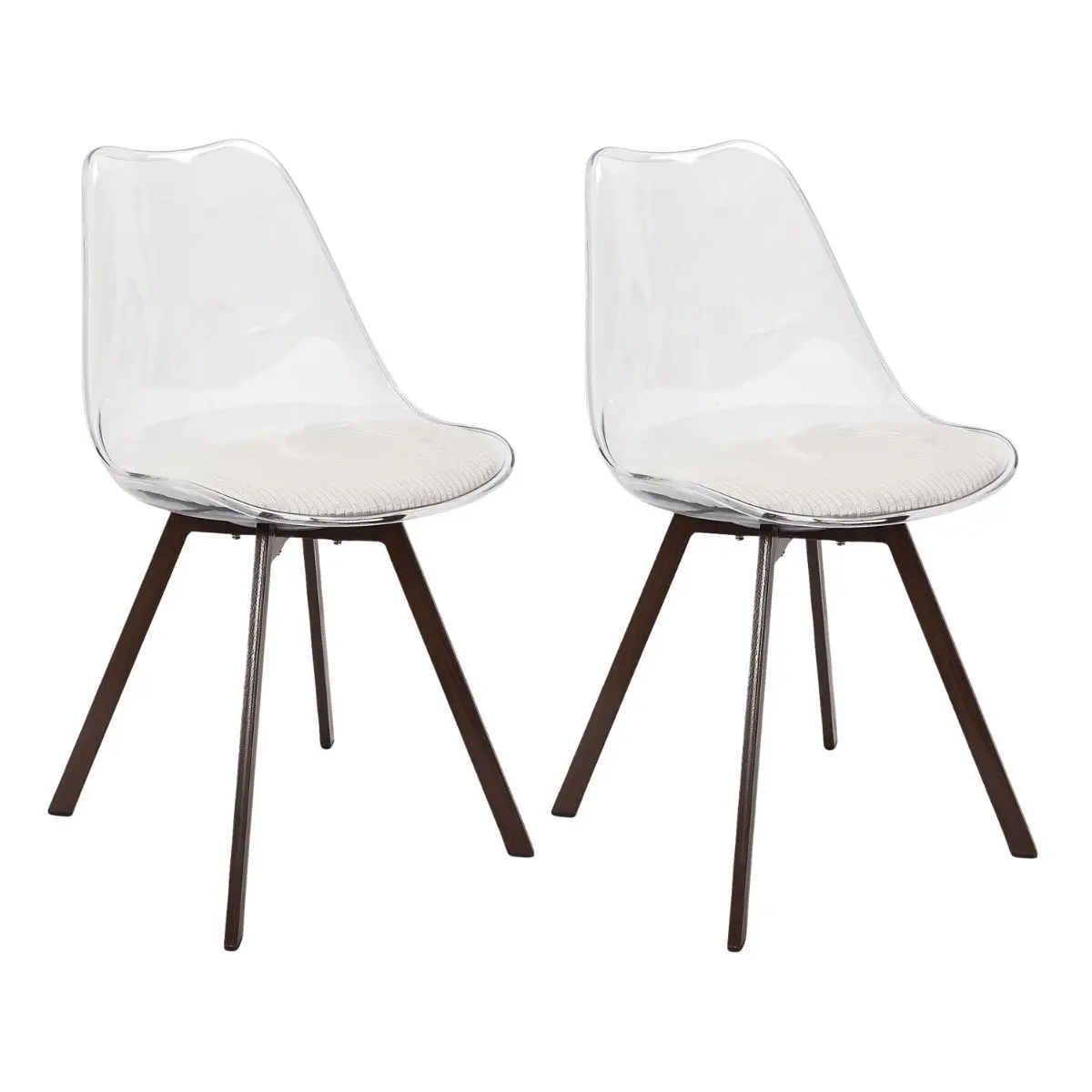 Lot de 2 chaises coque transparente coussin assise en velours côtelé crème – MOARY