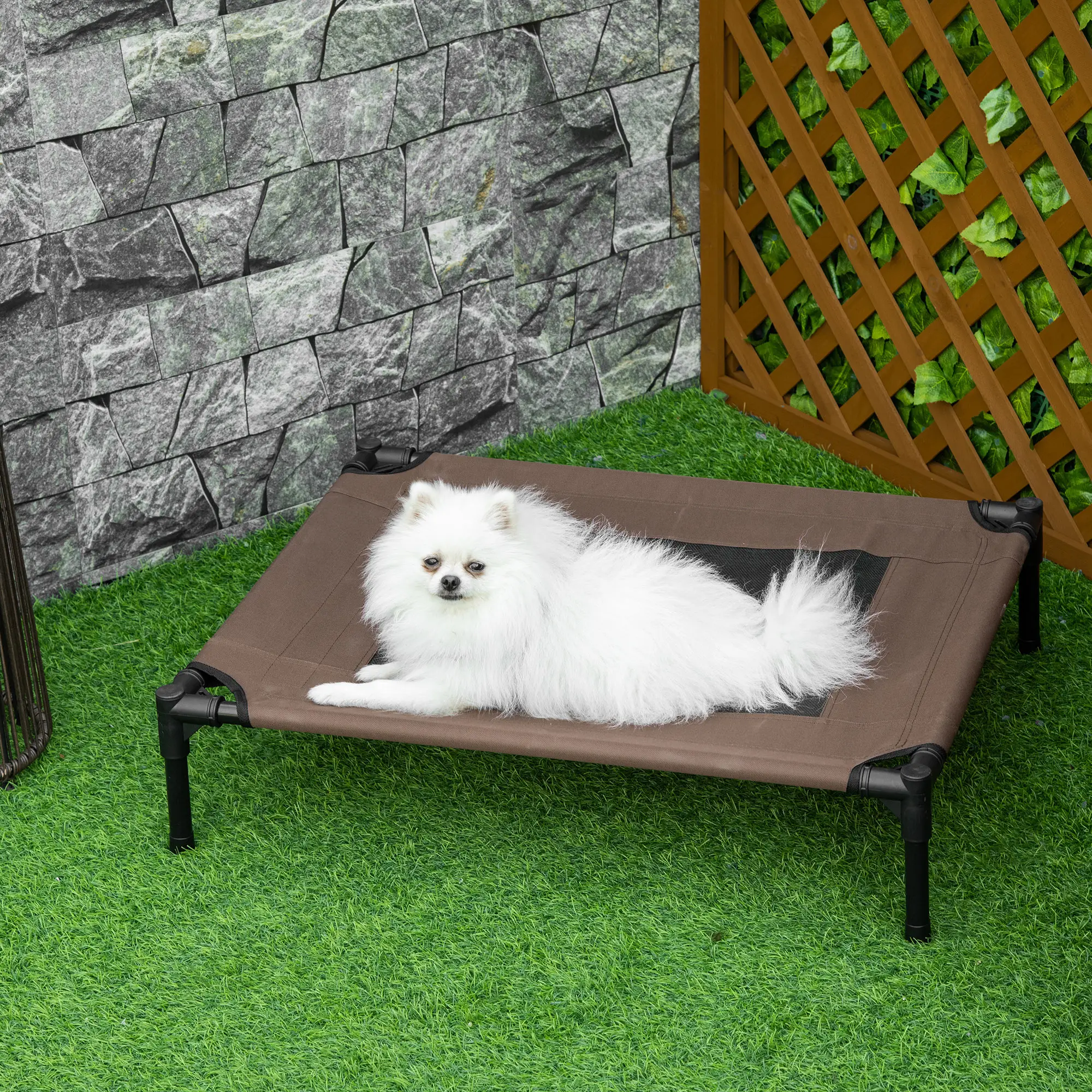 Lit de Camp Chien Surélevé Métal Tissu Respirant Extérieur 76x61cm Marron – ComfortXL Pet Living