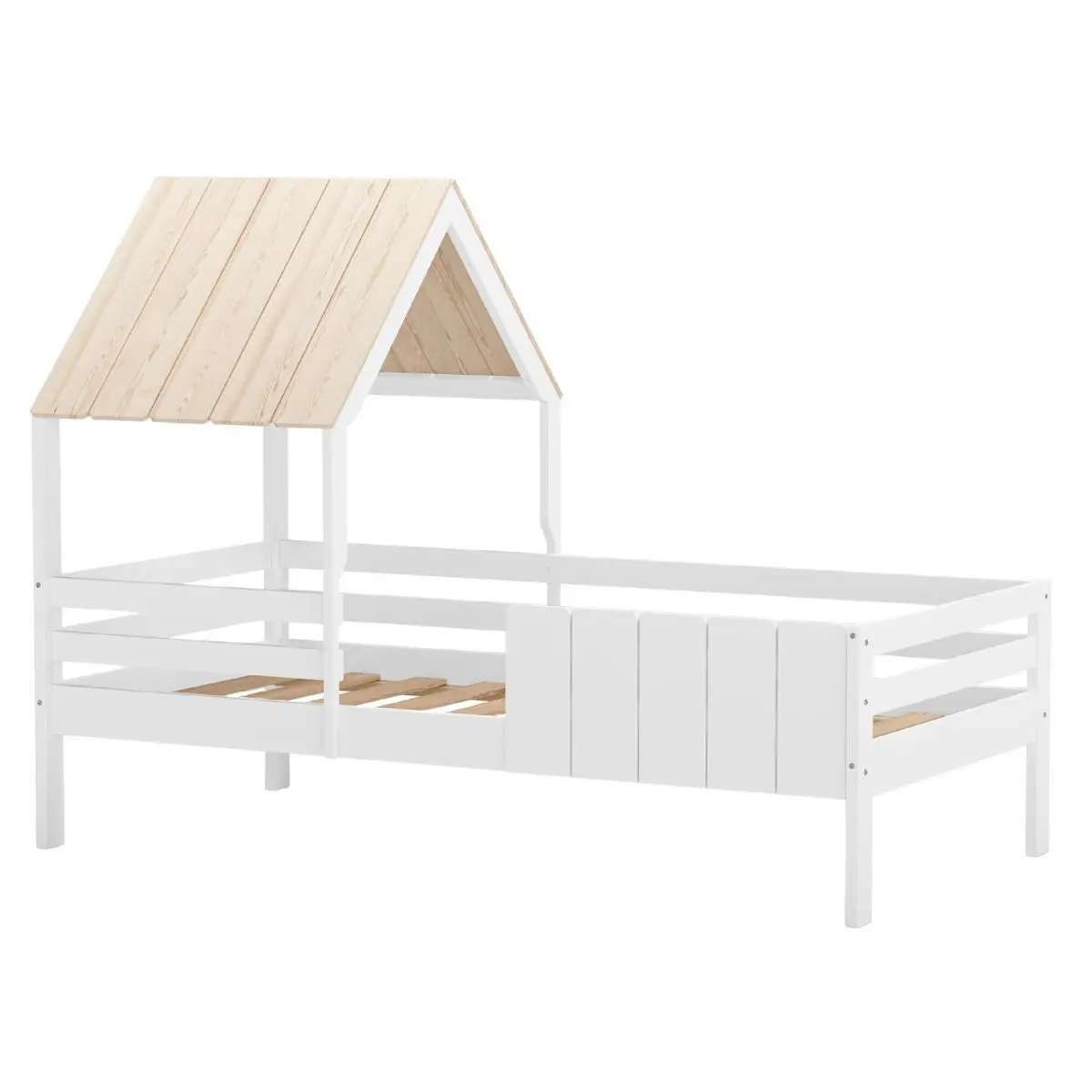 Lit à barrières 90×190 avec tête de lit cabane en MDF laqué blanc et pin naturel – NADIA