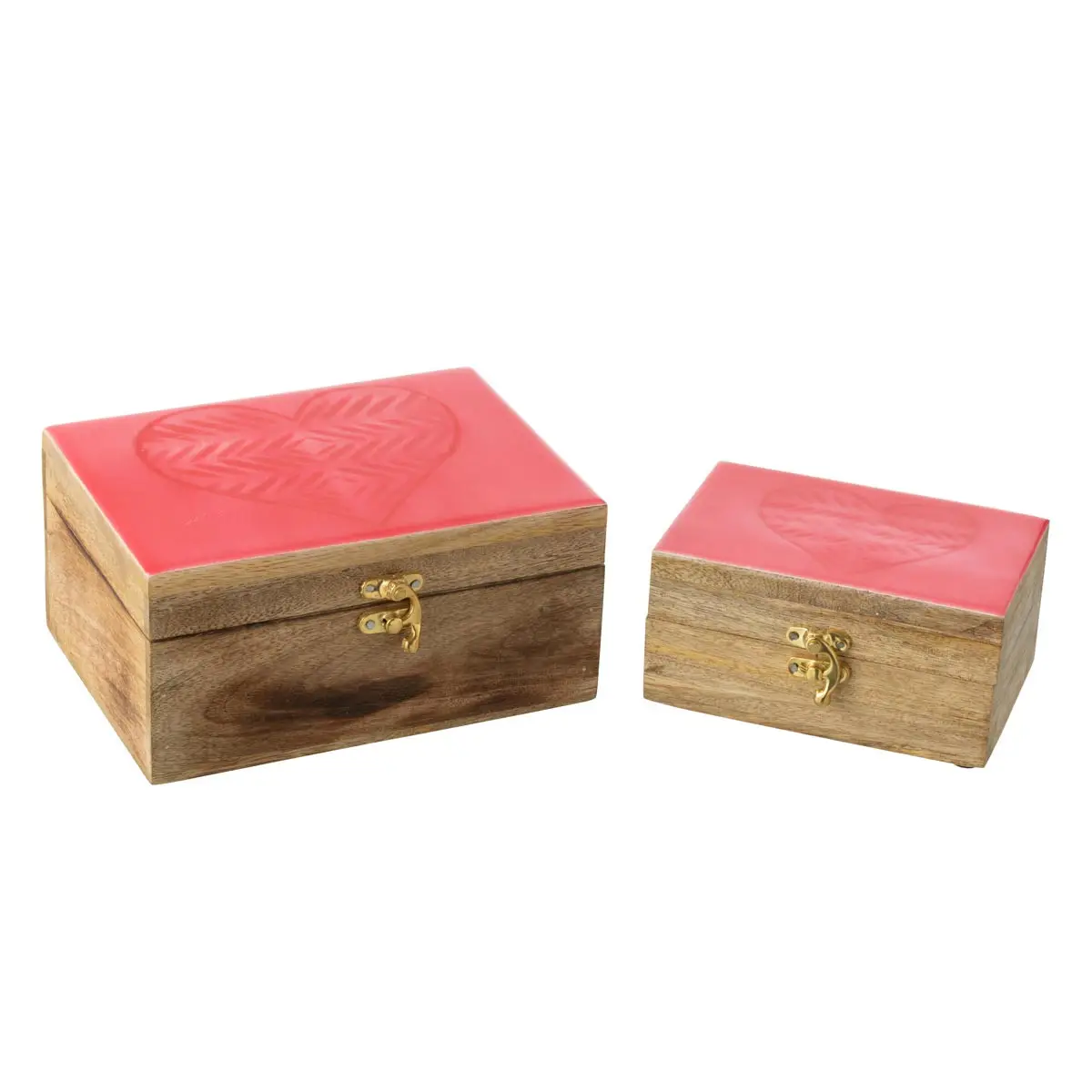 Lot de 2 Boîtes Déco en Bois «Cœur» 20cm Rose & Naturel