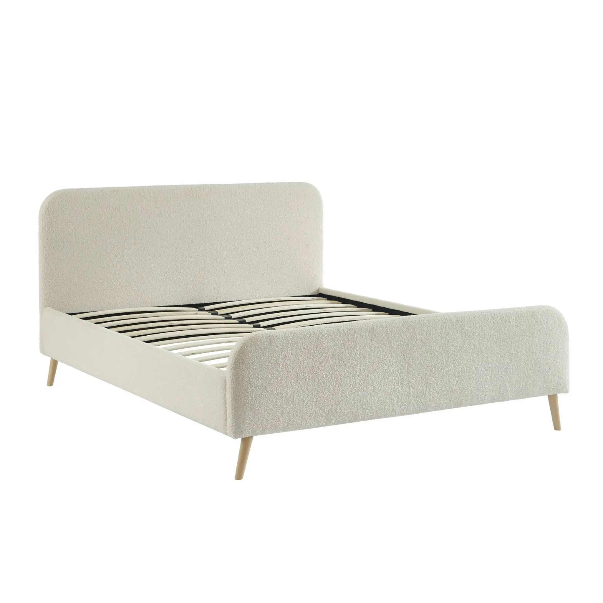 Lit avec sommier à lattes et tête de lit rembourrée 2 places bouclette crème 160 x 200 cm – Finn | sweeek