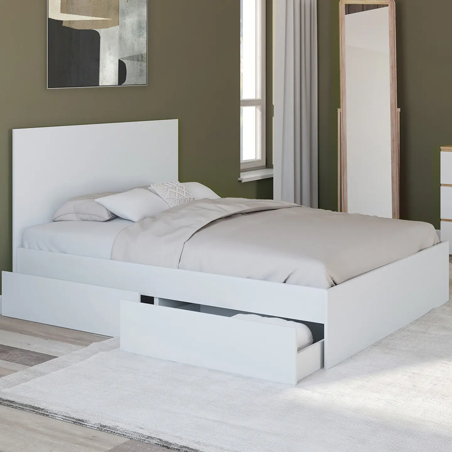 Lit double OMAHA 4 tiroirs sur roulettes avec tête de lit et sommier 140 x 190 cm blanc