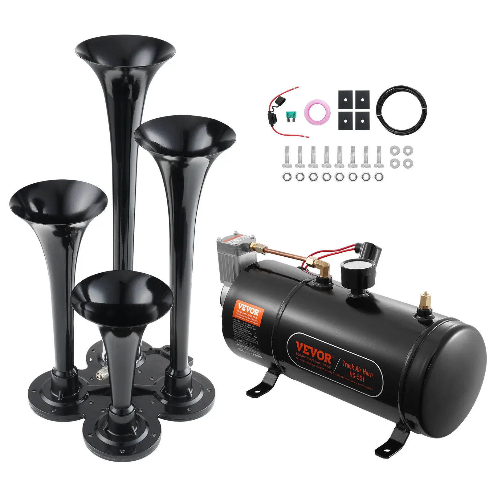VEVOR Kit klaxon 4 trompettes 150dB, compresseur air 90-120 psi, réservoir 3L, universel 12V.