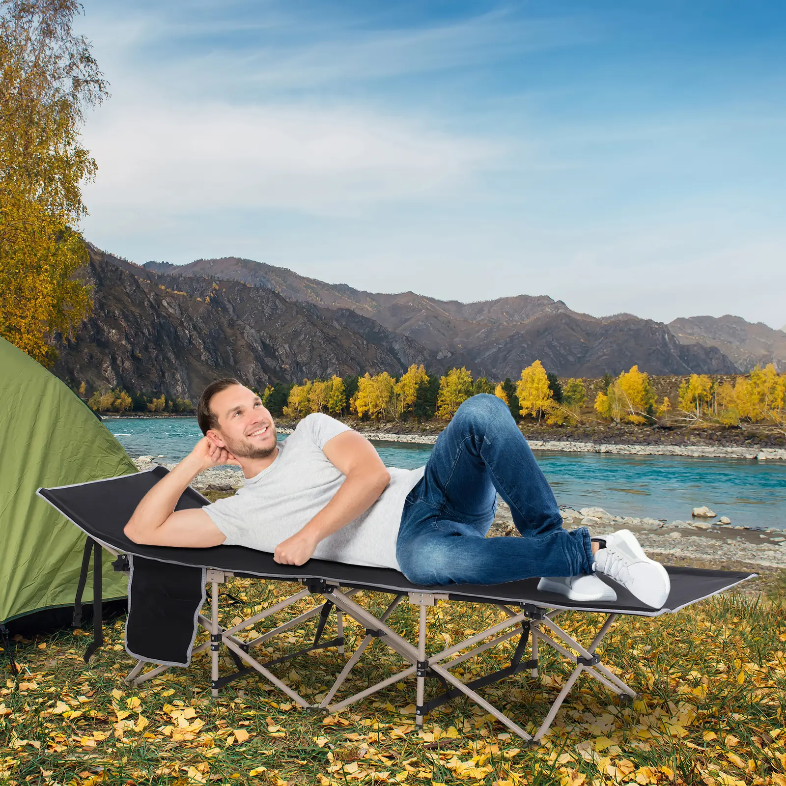 Lit de Camp Pliant Acier Oxford Camping Portable 190x68cm Noir – ComfortXL Outdoor Living