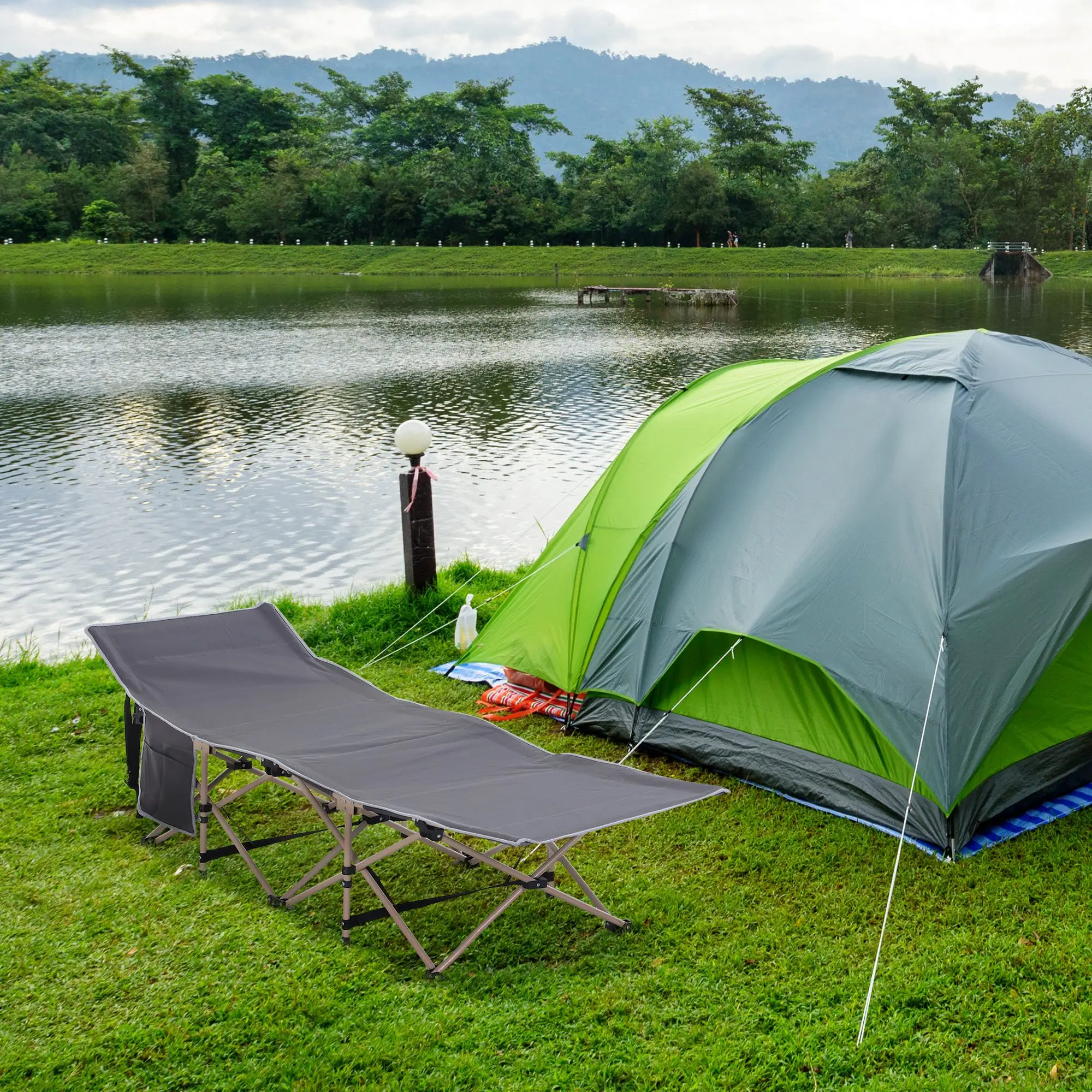 Lit de Camp Pliant Acier Oxford Camping Randonnée avec Sac Transport 190x68cm Gris – ComfortXL Outdoor Living