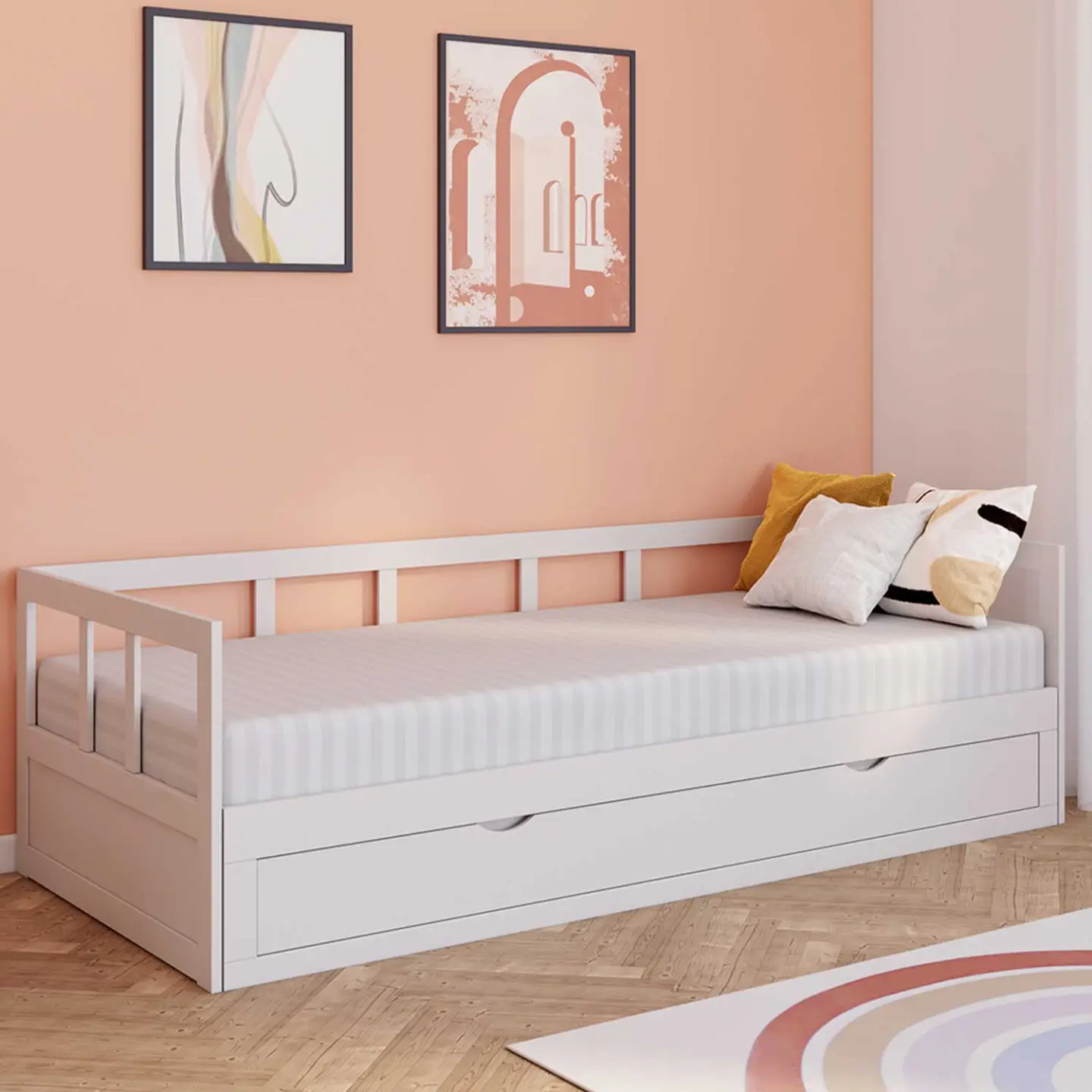 Lit banquette 90 x 190 cm ZOYA convertible 180 x 190 cm blanc avec 1 tiroir de rangement