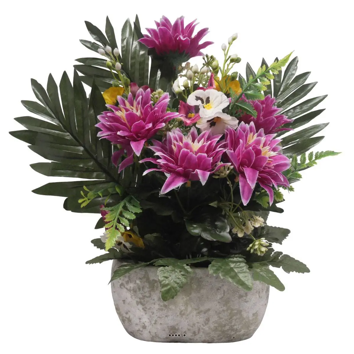 Jardinière pot béton Chrysantheme, Pensée et mini fleurs pourpre pour la Toussaint – couleur: Pourpre 340
