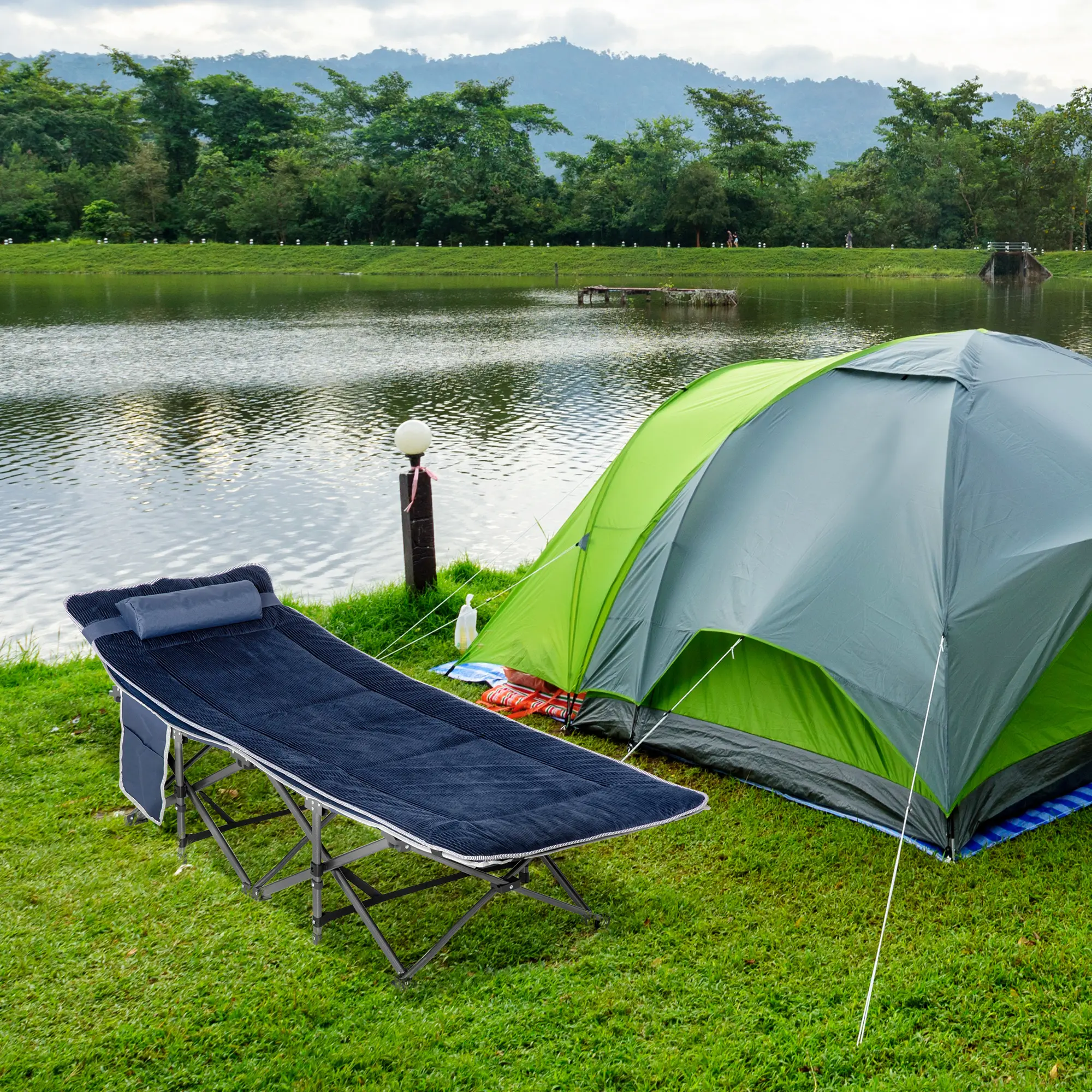 Lit de Camp Pliant Matelas Réversible Acier Oxford Camping 188x64cm Bleu – ComfortXL Outdoor Living