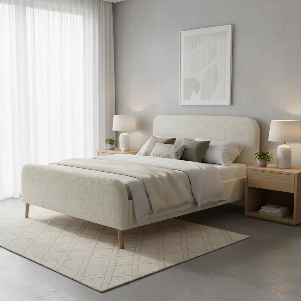 Lit avec sommier à lattes et tête de lit rembourrée 2 places bouclette crème 140 x 190 cm – Finn | sweeek