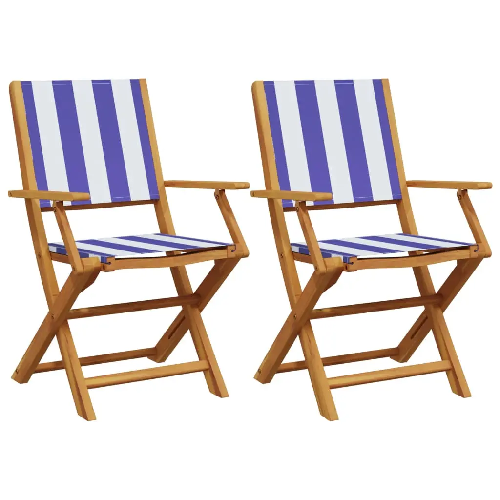 Lot de 2 Chaises de jardin | Chaise d’extérieur bleu/blanc bois acacia massif tissu