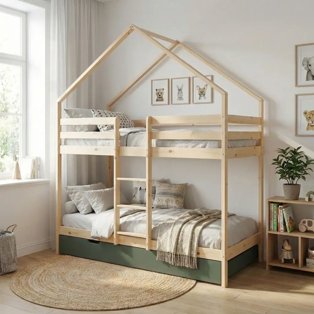 Lit enfant superposé cabane 90 x 190 cm pin naturel avec sommier et tiroir vert – Roya | sweeek