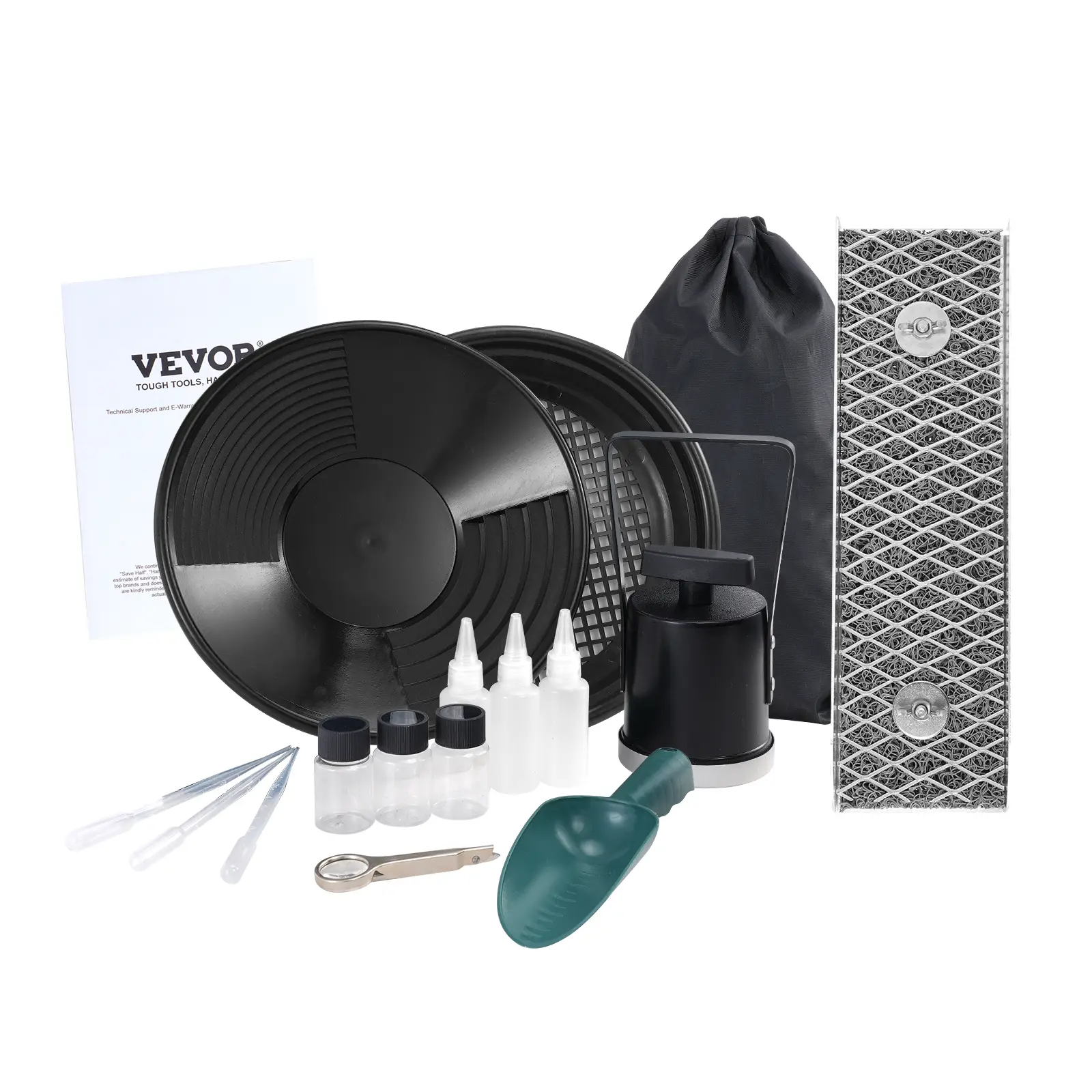 VEVOR Kit orpaillage portable 16 pièces, rampe 30.5cm alu, avec batée, tamis, pipettes, pelle, sac.