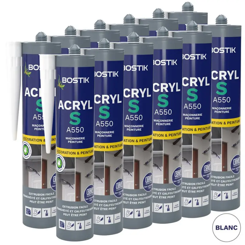 Lot de 12 Mastics d’étanchéité ACRYL S A550 310ml (Blanc, Gris ou Brun) BOSTIK – Couleur: Blanc
