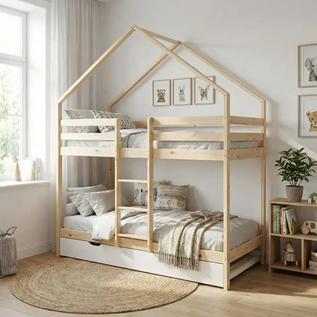 Lit enfant superposé cabane 90 x 190 cm pin naturel avec sommier et tiroir blanc – Roya | sweeek