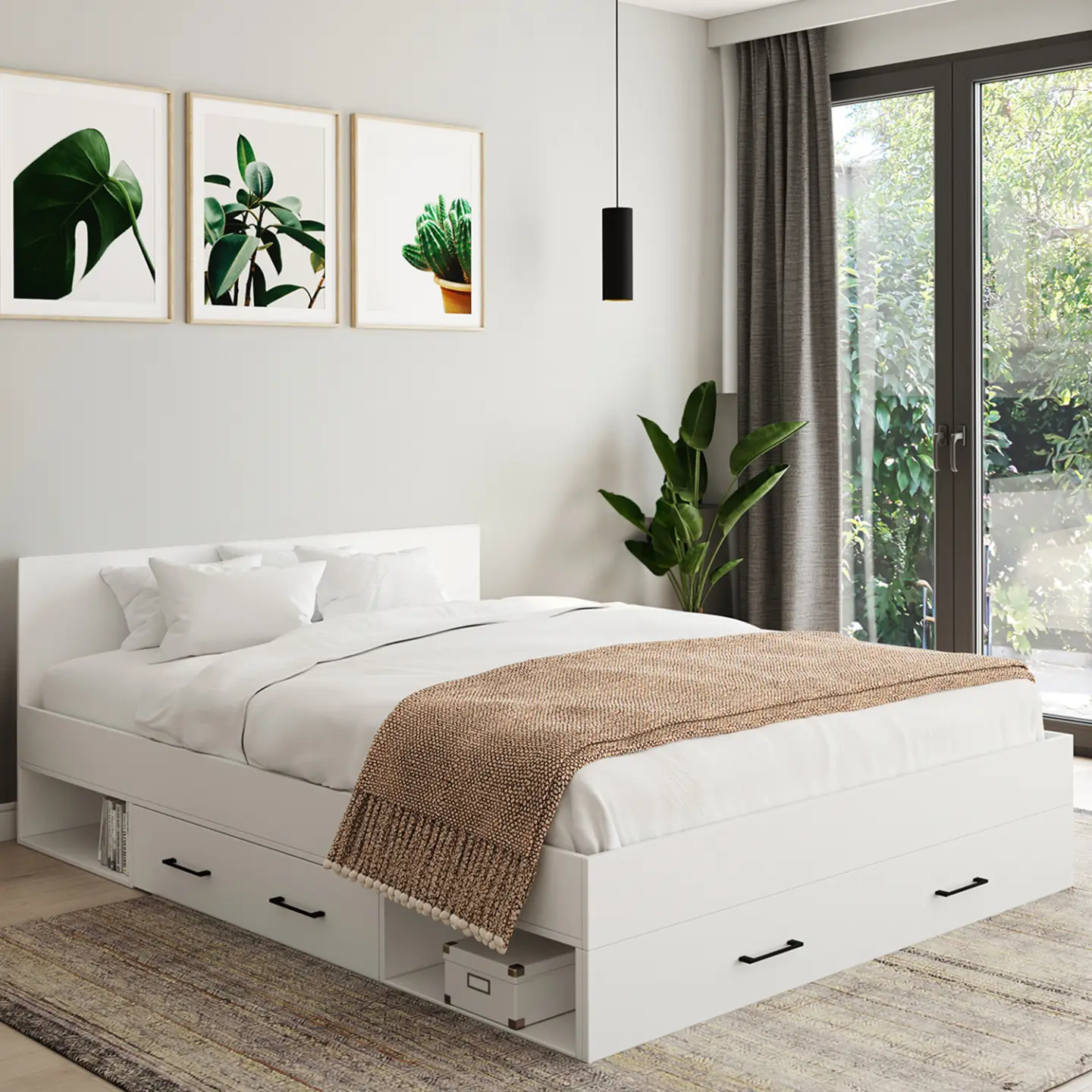 Lit double MINEA avec tiroirs + niches de rangement + tête de lit et sommier 140 x 190 cm blanc