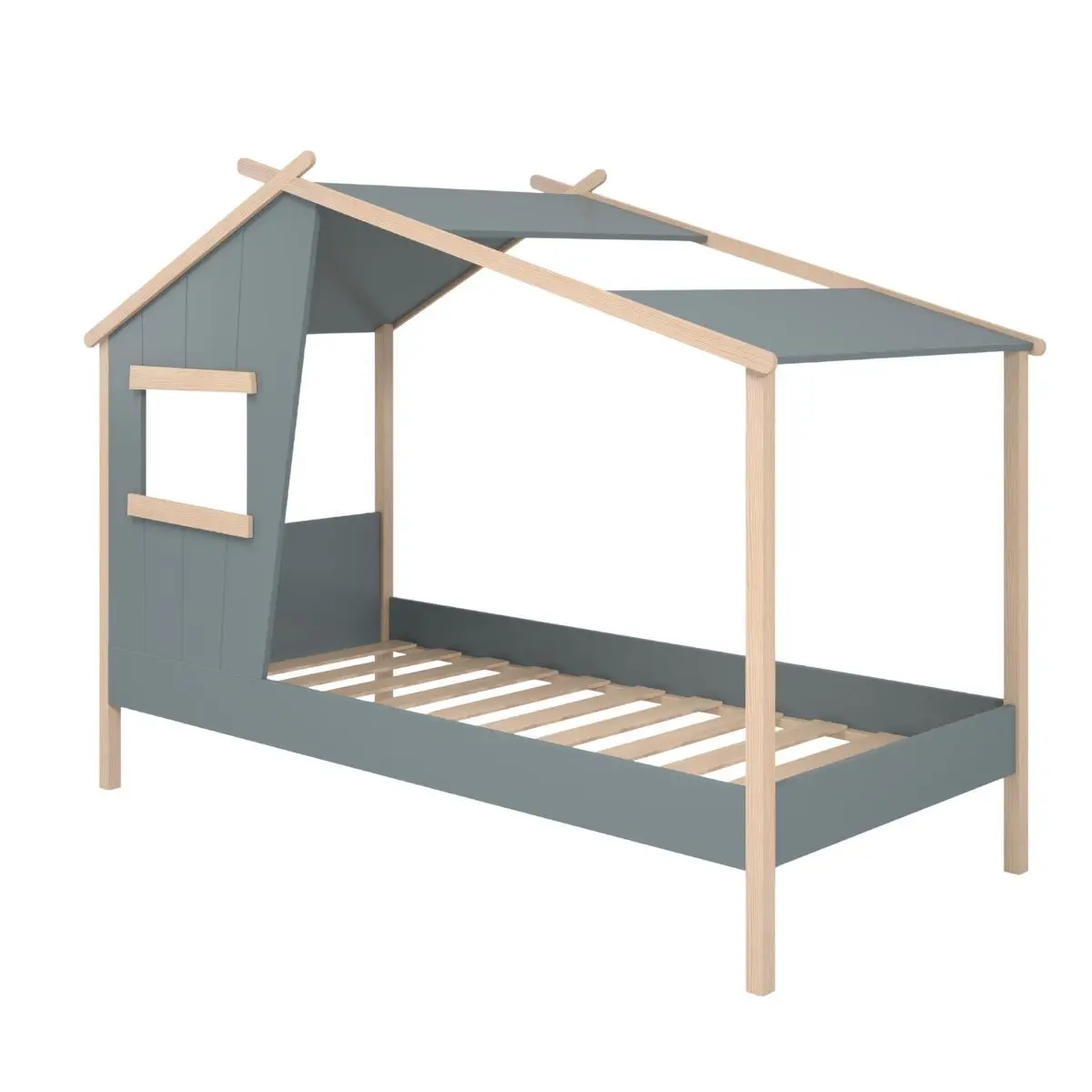 Lit maison 90×190 avec fenêtre en pin massif naturel et MDF laqué vert kaki – LUBINA
