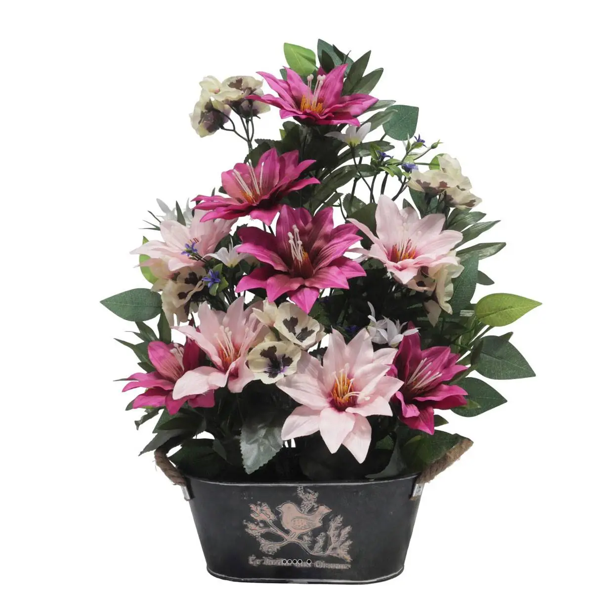 Jardinière Zinc dahlia, Rose, Mini fleurs, Pensée et Ficus Rose fushia artificiels pour la Toussaint – couleur: Rose fushia 730