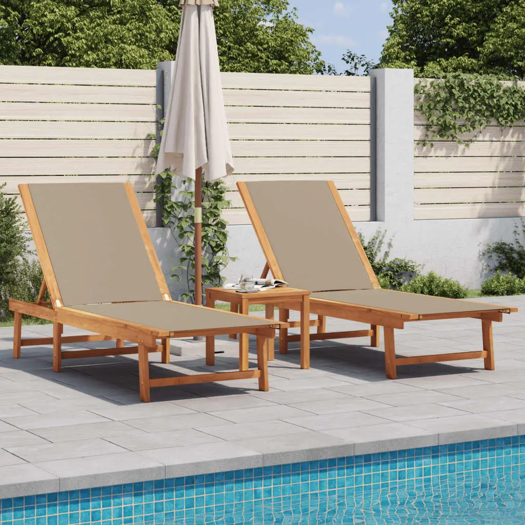 Lot Chaises Longues Bois Acacia Textilène Taupe Terrasse Design Naturel – ComfortXL Outdoor Living