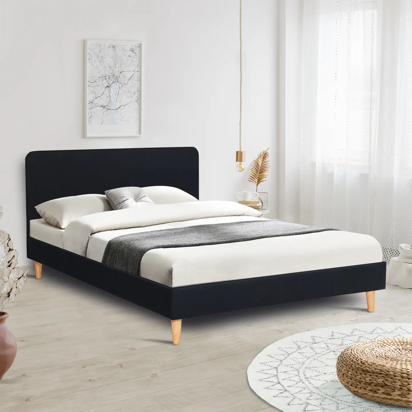 Lit double scandinave BALTA avec tête de lit et sommier 140 x 190 cm tissu noir