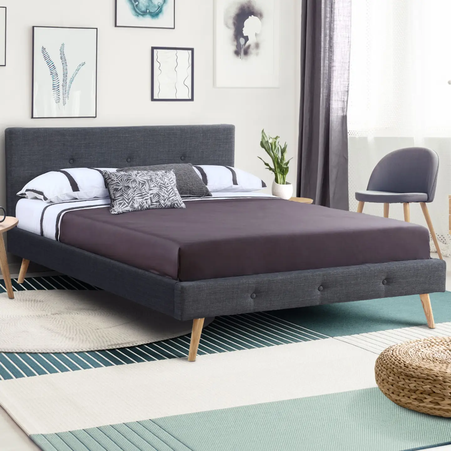 Lit double scandinave OSLO avec tête de lit et sommier 140 x 190 cm tissu gris anthracite