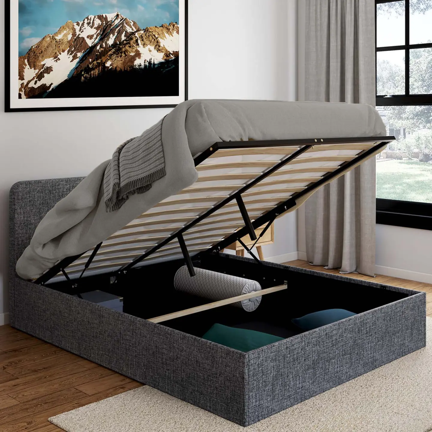 Lit coffre double NORFOLK avec tête de lit et sommier 140 x 190 cm tissu gris anthracite