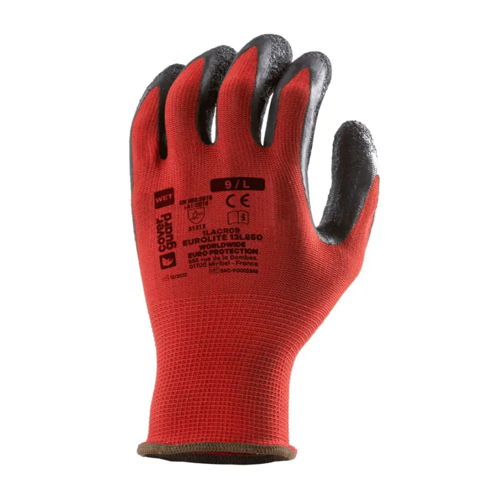 Lot de 10 Gants de travail COVERGUARD EUROLITE 13L850 Rouge / Gris 10