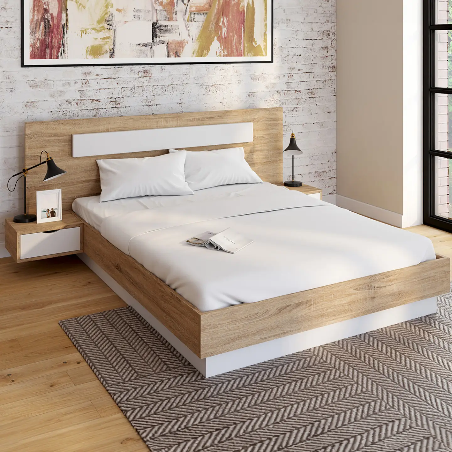 Lit double SANTA avec tête de lit + tables de chevet intégrées et sommier 140 x 190 cm bois et blanc
