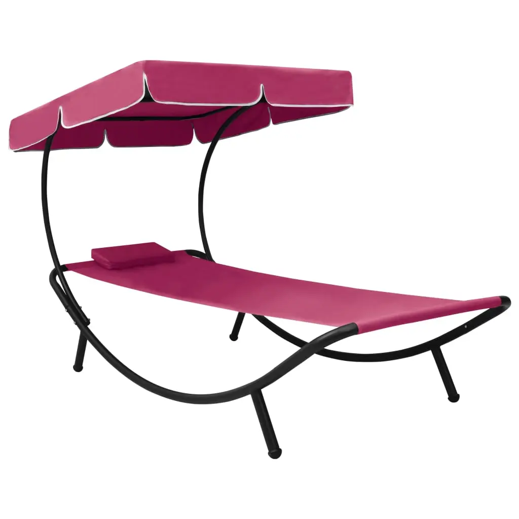 Lit de repos transat chaise longue d’extérieur 200 cm avec auvent et oreiller rose