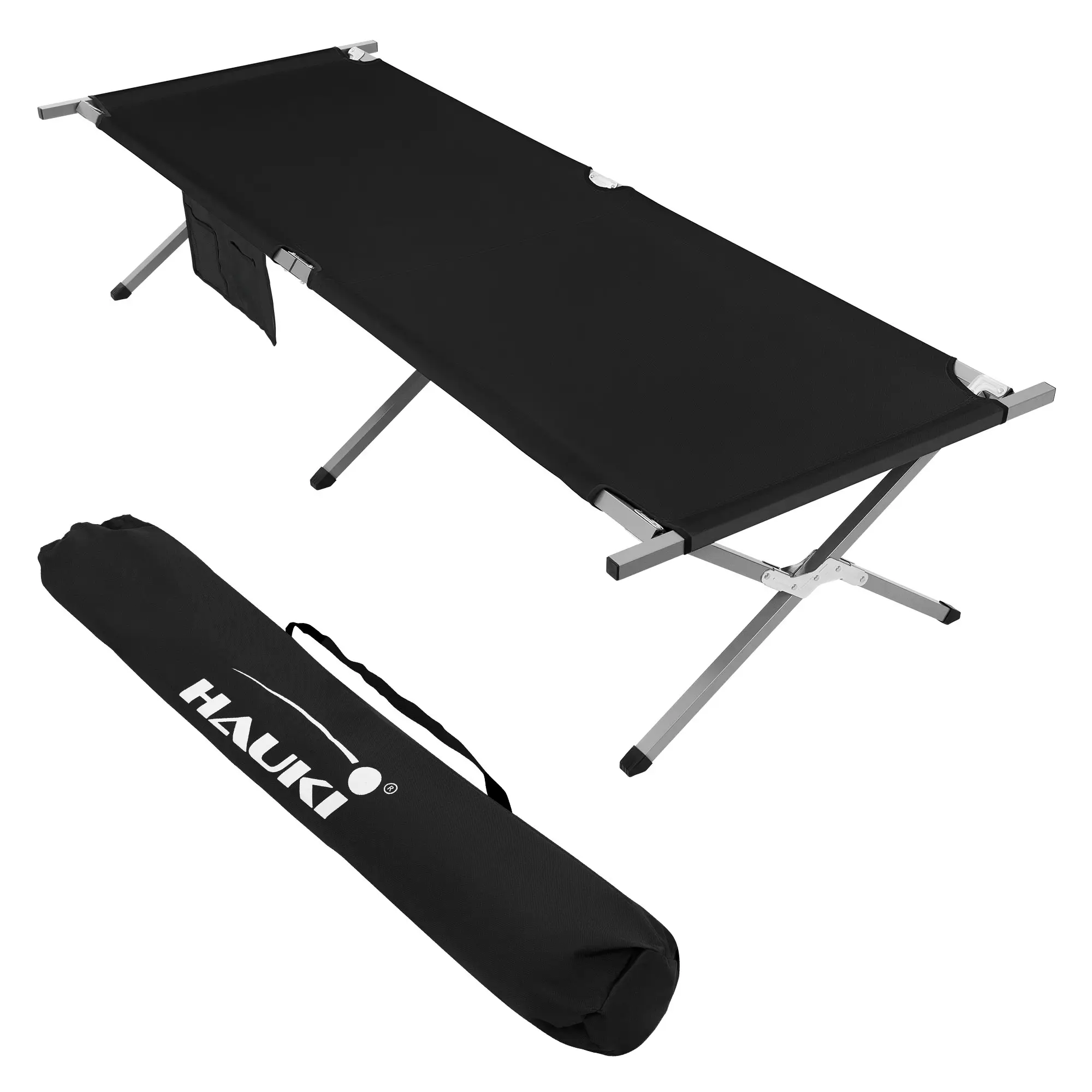 Lit de Camping Pliable, Gris, 210x83x46 cm XL, Cadre en Métal, avec Sac de Transport et Poche Latérale
