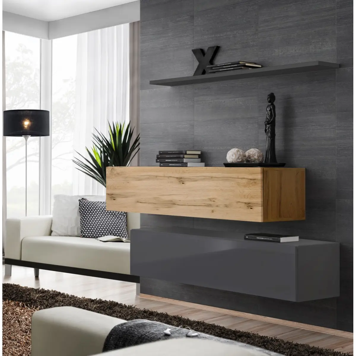 Lot de 2 Bancs Muraux & Étagère «Switch SBII» 130cm Gris & Naturel