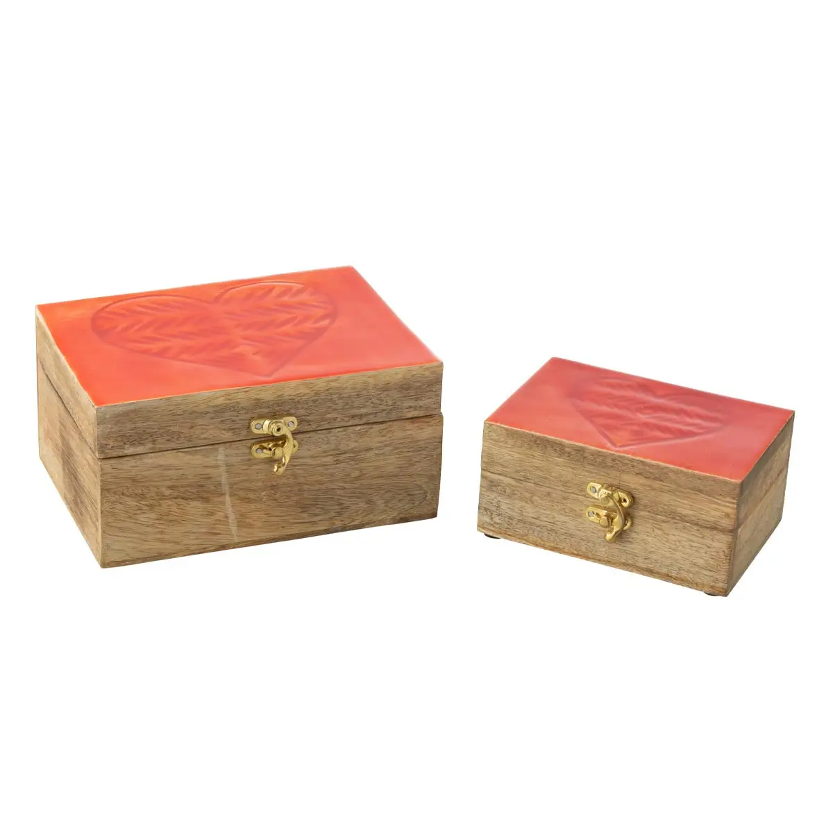 Lot de 2 Boîtes Déco en Bois «Cœur» 20cm Rouge & Naturel