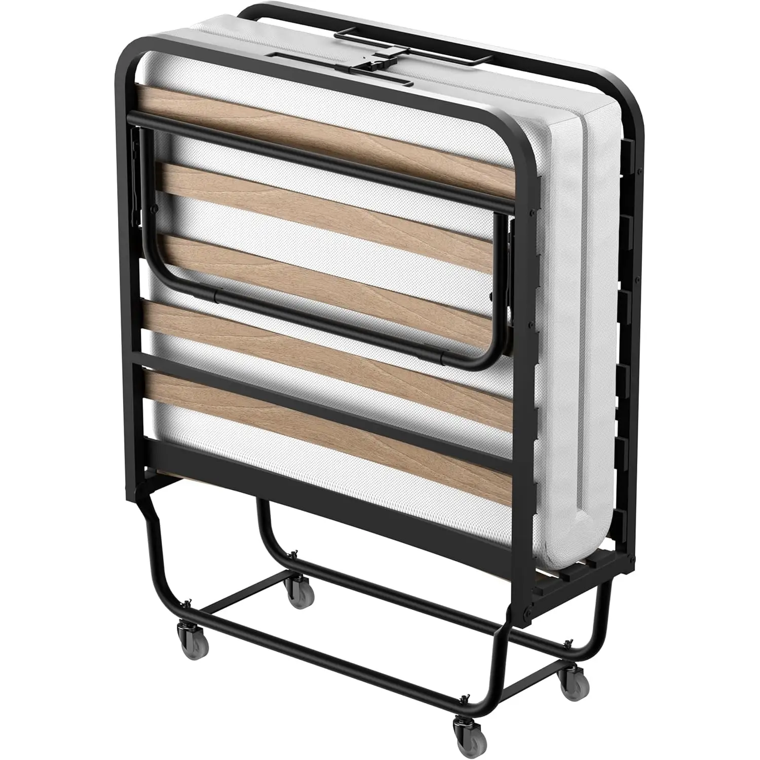 Lit Pliant 90×190 CM avec Matelas de 10cm, Lit Pliable 1 Personne Adulte, 4 roulettes, 2 Min Assembler
