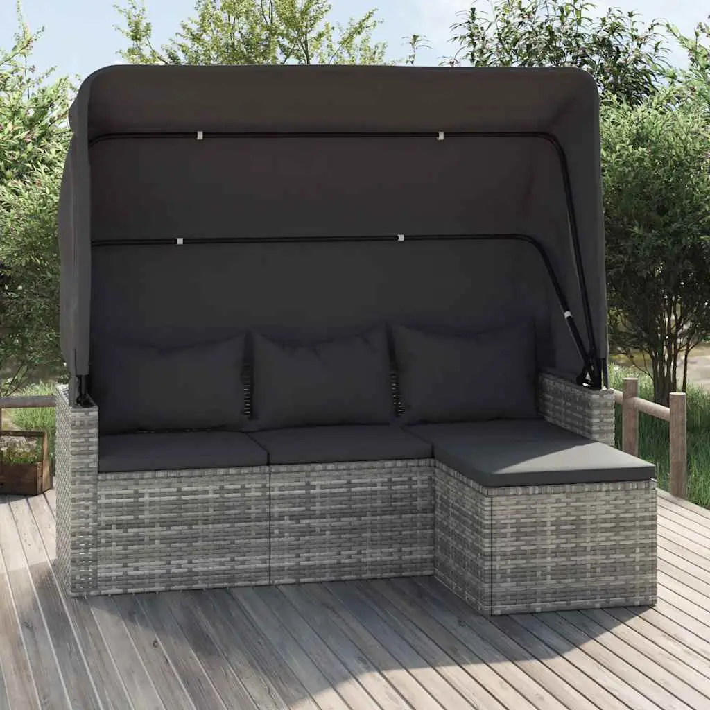 Lit de Jour 3 Places avec Auvent Rétractable et Tabouret Polyrotin Gris Coussins Foncés – ComfortXL Outdoor Living