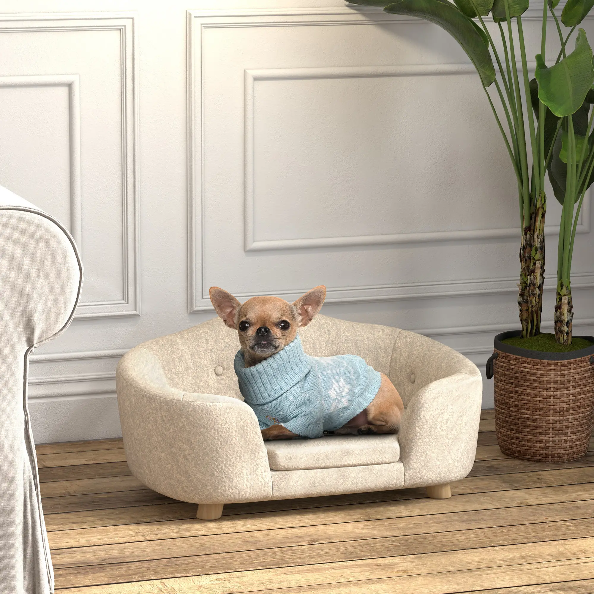 Lit Canapé Chien Chat Bois Pin Solide Coussin Moelleux Déhoussable 70cm Crème – ComfortXL Pet Living