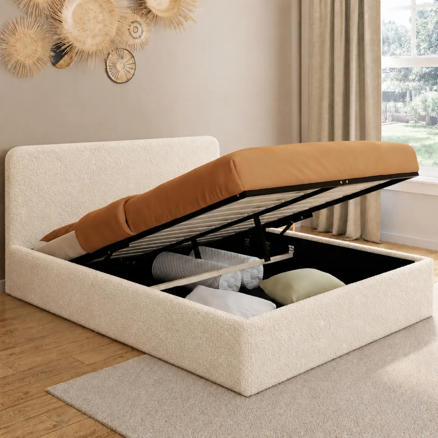 Lit coffre double BRADFORD avec tête de lit et sommier 140 x 190 cm tissu bouclette