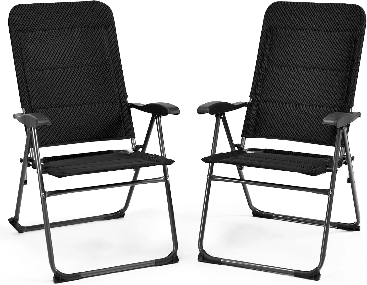 Lot de 2 Chaise Pliante Exterieur, Fauteuil de Jardin Exterieur avec Accoudoirs, Dossier Haut Réglable à 7 Positions, Noir