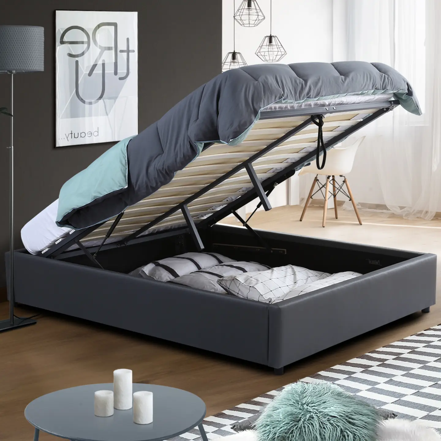 Lit coffre double MIAMI avec sommier 160 x 200 cm PVC gris