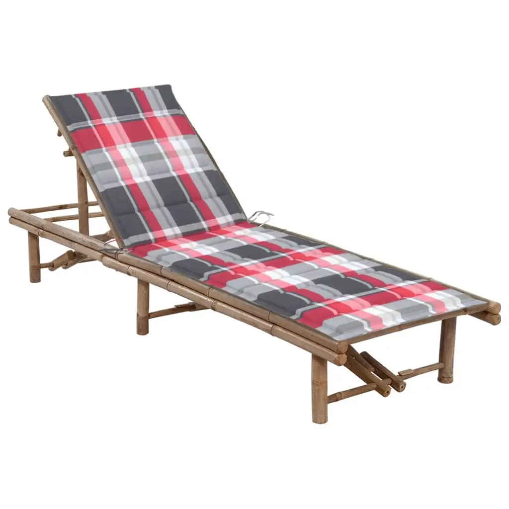 Lit de Jardin Bambou Exotique Inclinable avec Coussin à Carreaux Rouges – ComfortXL Outdoor