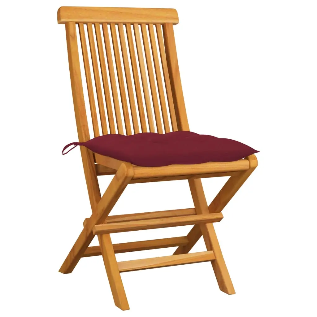 Lot de 2 Chaises de jardin | Chaise d’extérieur coussins rouge bordeaux Teck massif