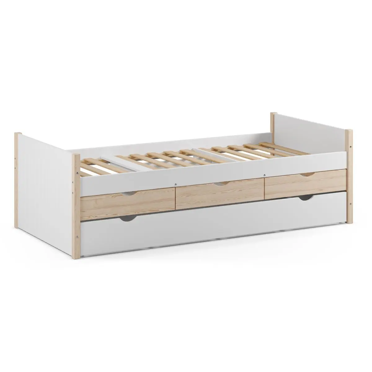 Lit gigogne 90×190 en pin massif et MDF laqué blanc avec rangement 3 tiroirs – VAKLAV