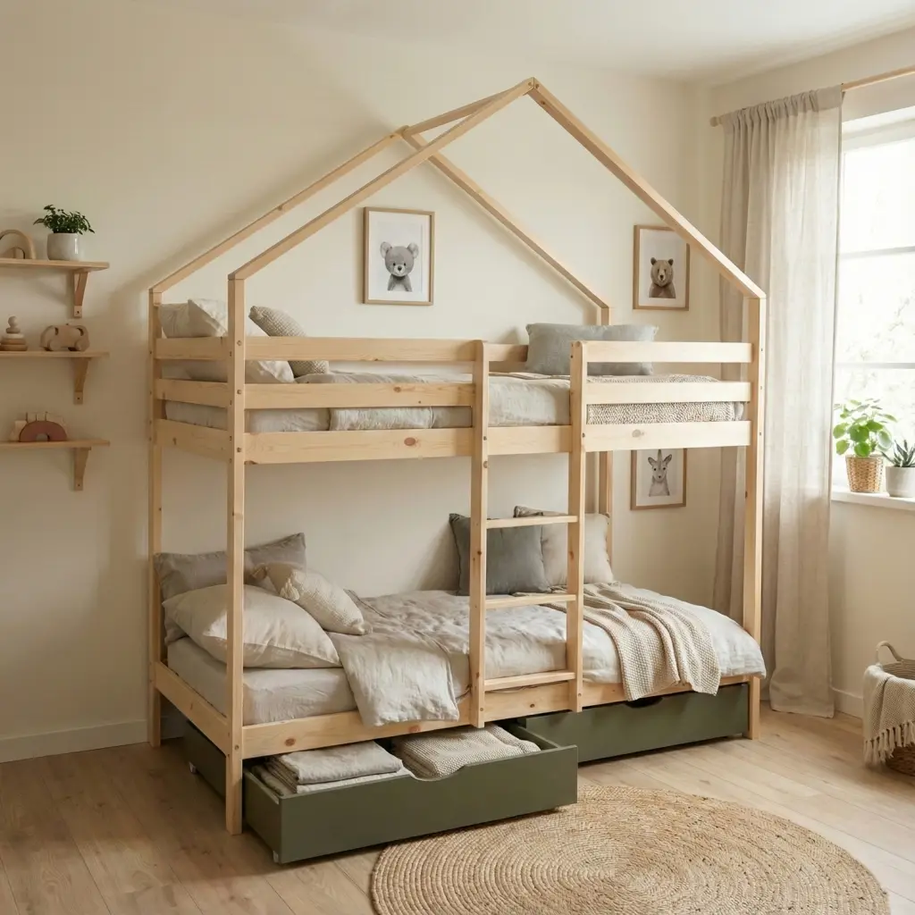 Lit enfant superposé cabane 90 x 190 cm pin naturel sommier à lattes et tiroirs vert – Roya | sweeek