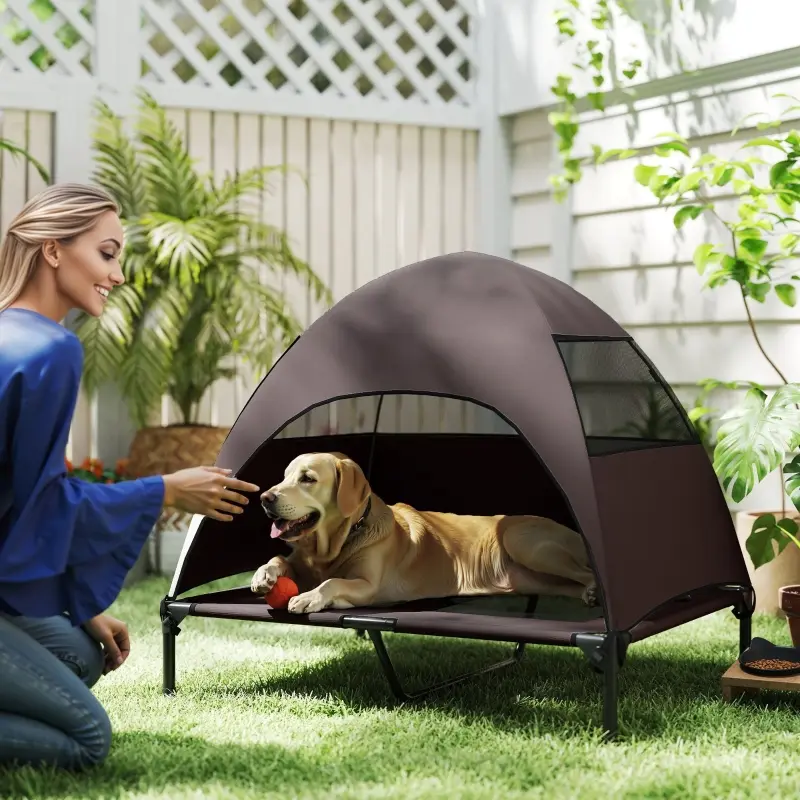 Lit Chien Surélevé Toit Pare-soleil 91x76cm Café Acier Extérieur – ComfortXL Pet Living