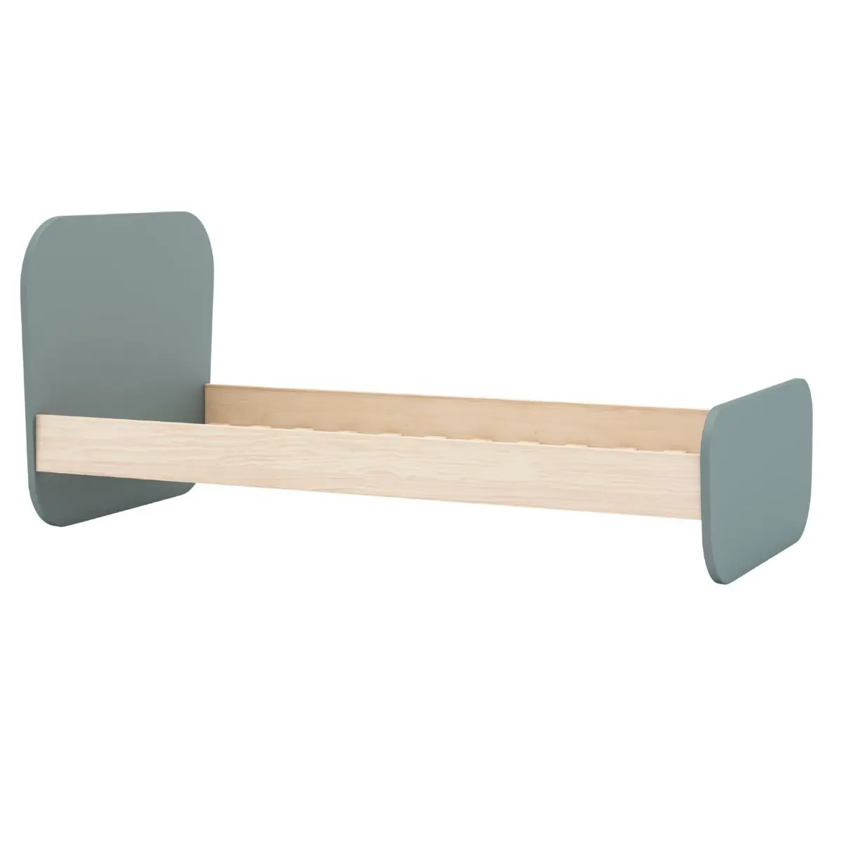 Lit 90×190 tête et pied de lit arrondis en pin massif naturel et MDF laqué vert kaki – KAINA